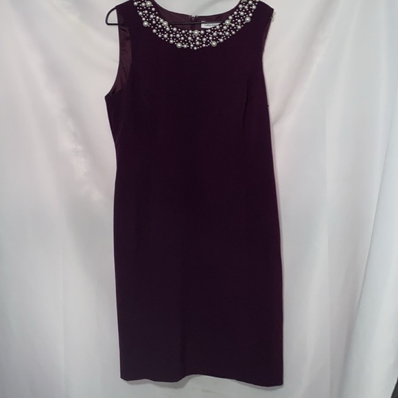 Calvin Klein Deep Purple Dress Embellished FAUX PEARL Neckline WOMENS SIZE 14 - Picture 5 of 13